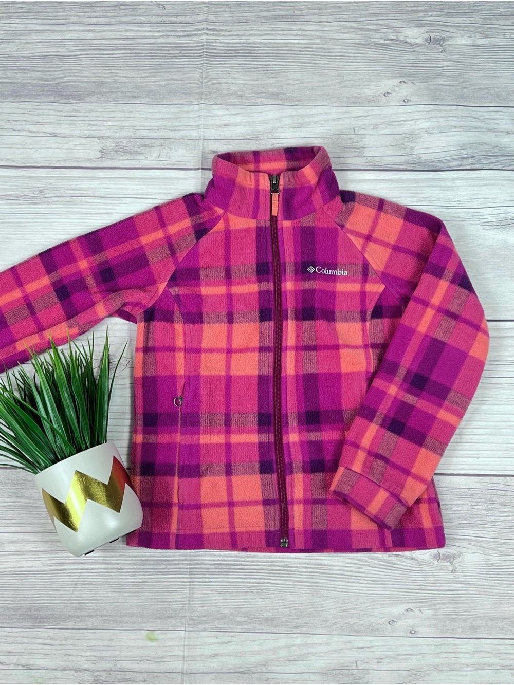 Columbia Plaid Fleece Jacket Zip Up Outerwear Fall Winter Girls Size 8
